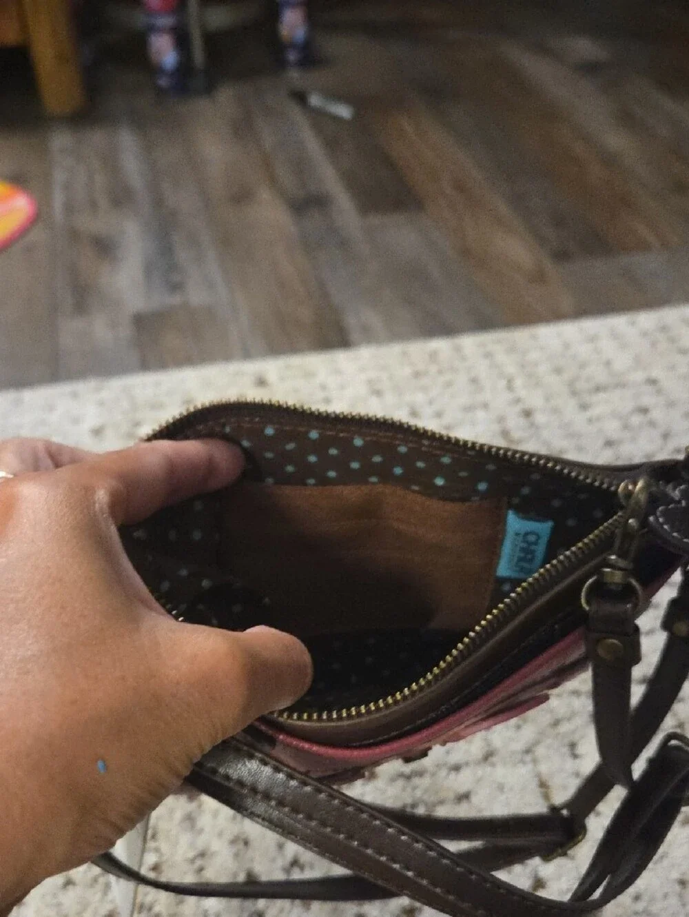 Chala Pink Crossbody Wristlet with Brown Strap